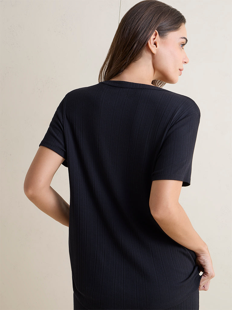 Wunderlove Black Ribbed Henley Top