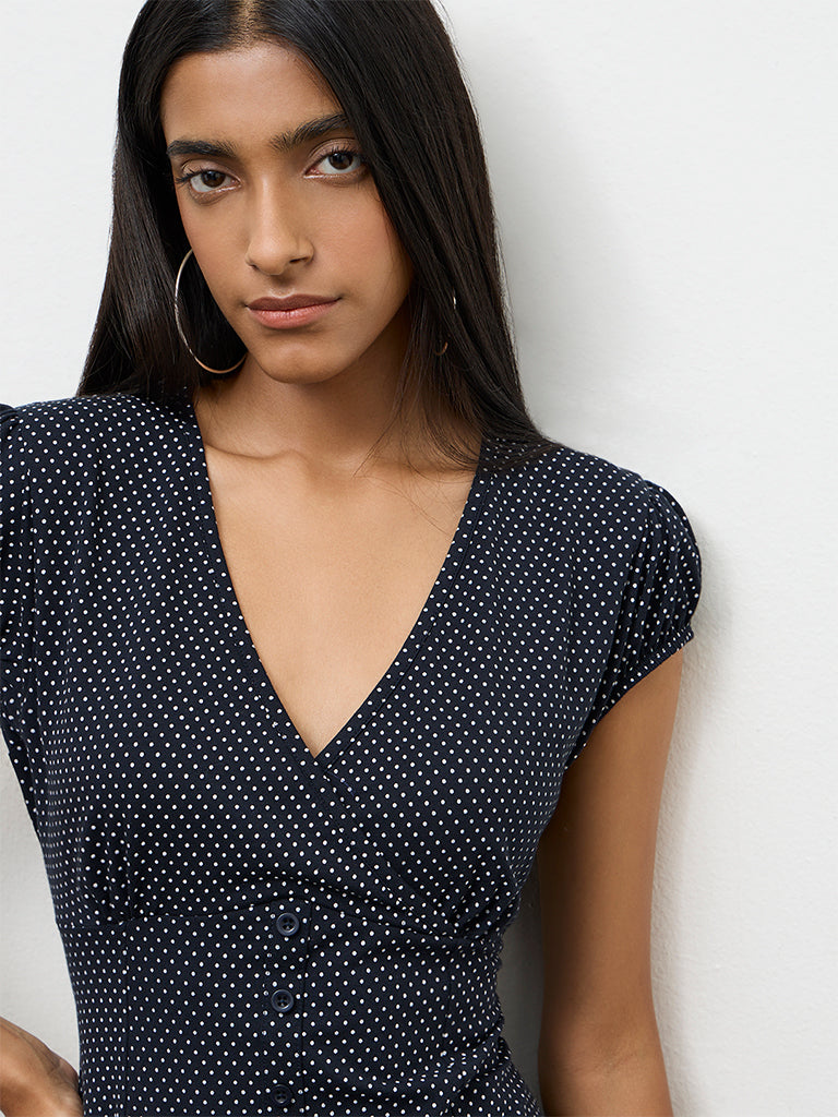 Nuon Navy Polka-Dot Printed Cotton-Blend A-Line Dress
