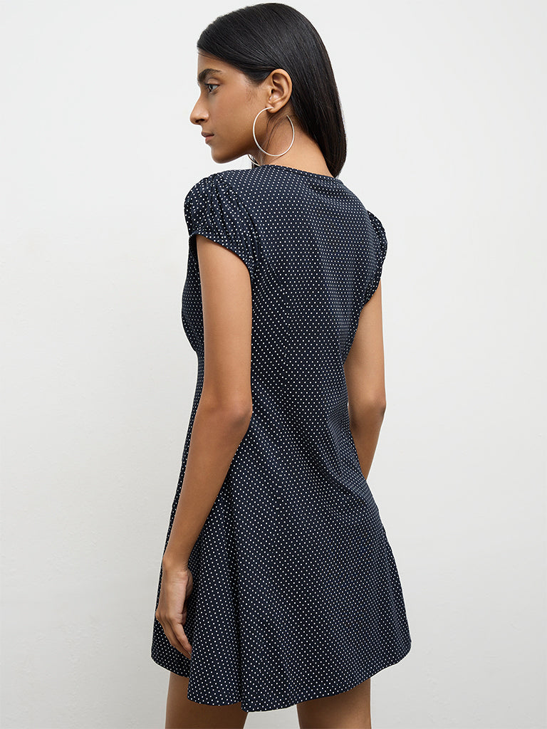 Nuon Navy Polka-Dot Printed Cotton-Blend A-Line Dress