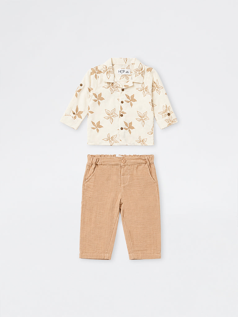 HOP Baby Boys Light Brown Floral Cotton Shirt and Trouser Set