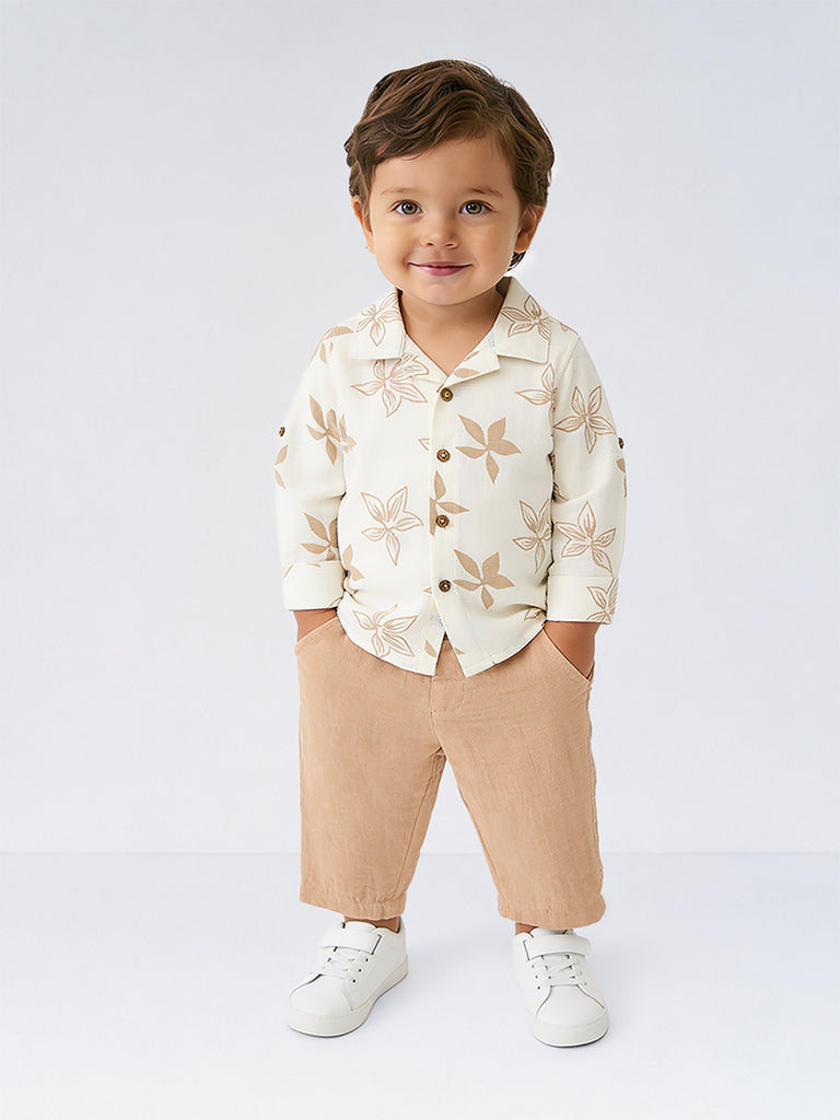 HOP Baby Boys Light Brown Floral Cotton Shirt and Trouser Set