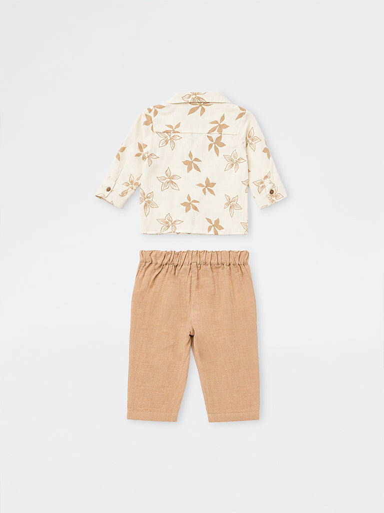 HOP Baby Boys Light Brown Floral Cotton Shirt and Trouser Set
