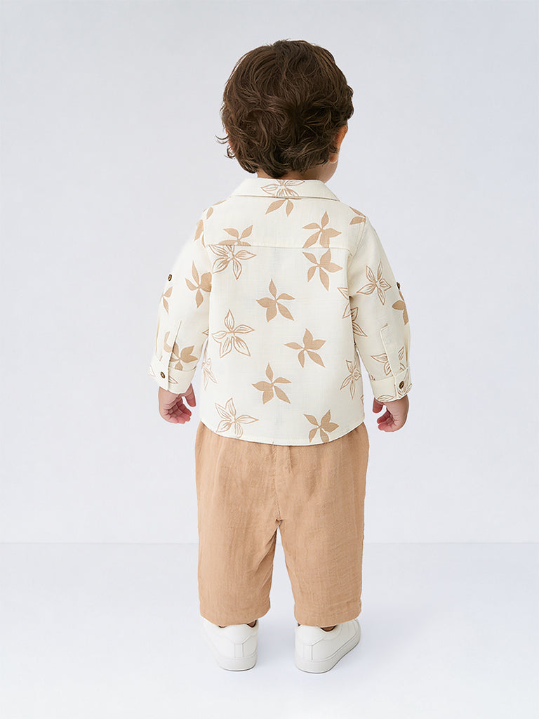 HOP Baby Boys Light Brown Floral Cotton Shirt and Trouser Set