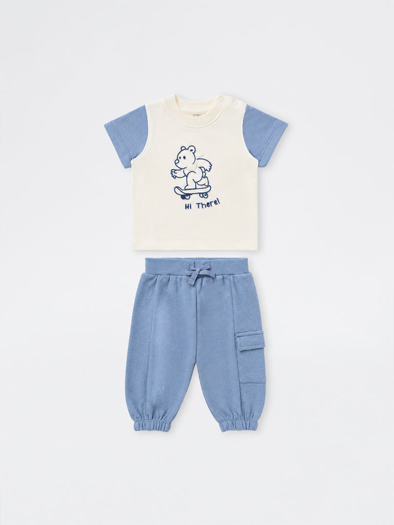 HOP Baby Boys Blue Teddy Cotton-Blend T-Shirt and Joggers Cotton Set