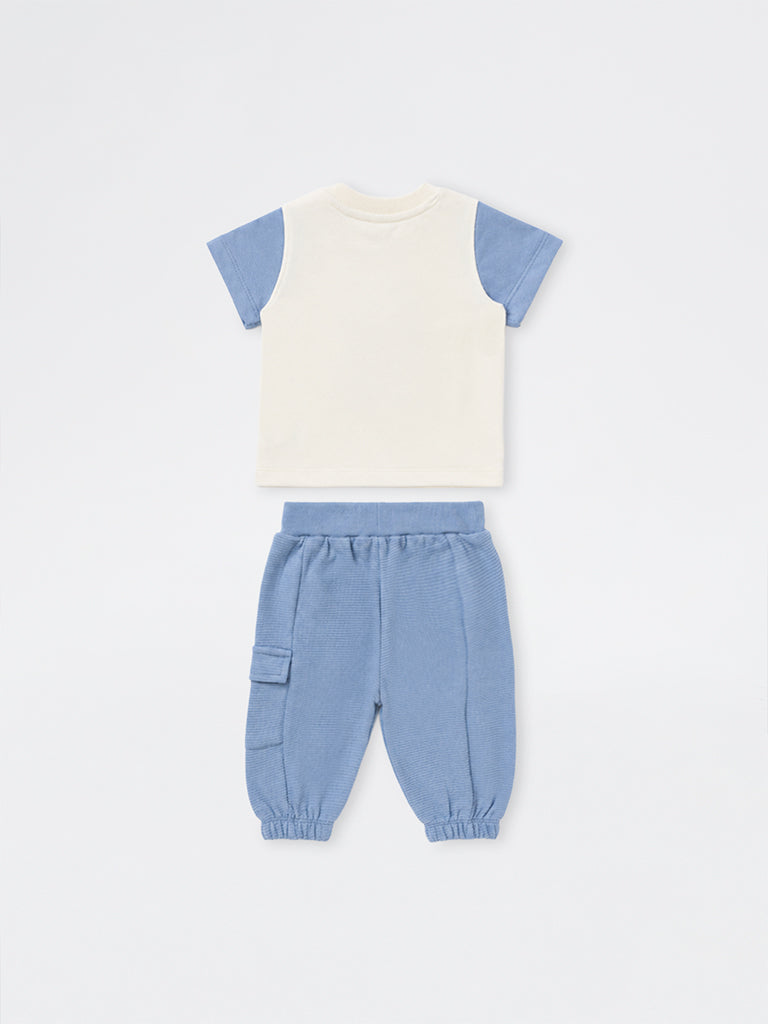 HOP Baby Boys Blue Teddy Cotton-Blend T-Shirt and Joggers Cotton Set