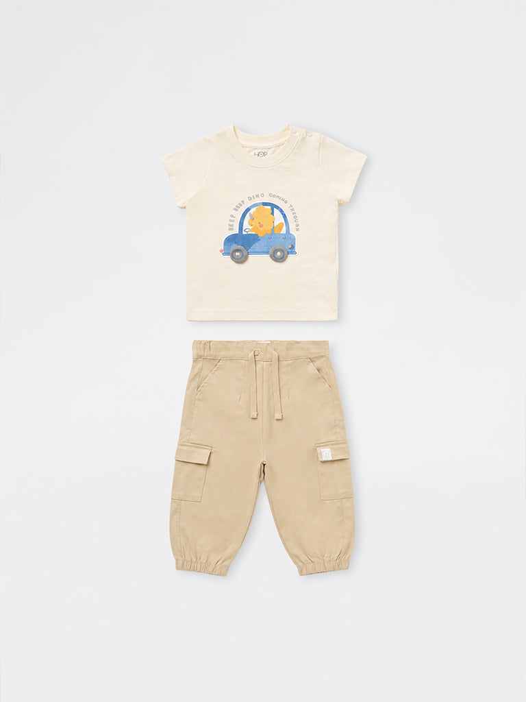 HOP Baby Boys Off-White Graphic Printed Cotton T-Shirt and Joggers Set