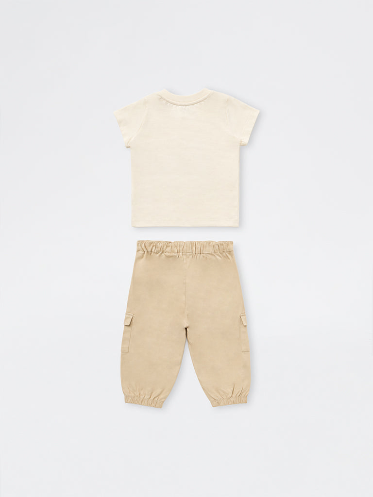 HOP Baby Boys Off-White Graphic Printed Cotton T-Shirt and Joggers Set