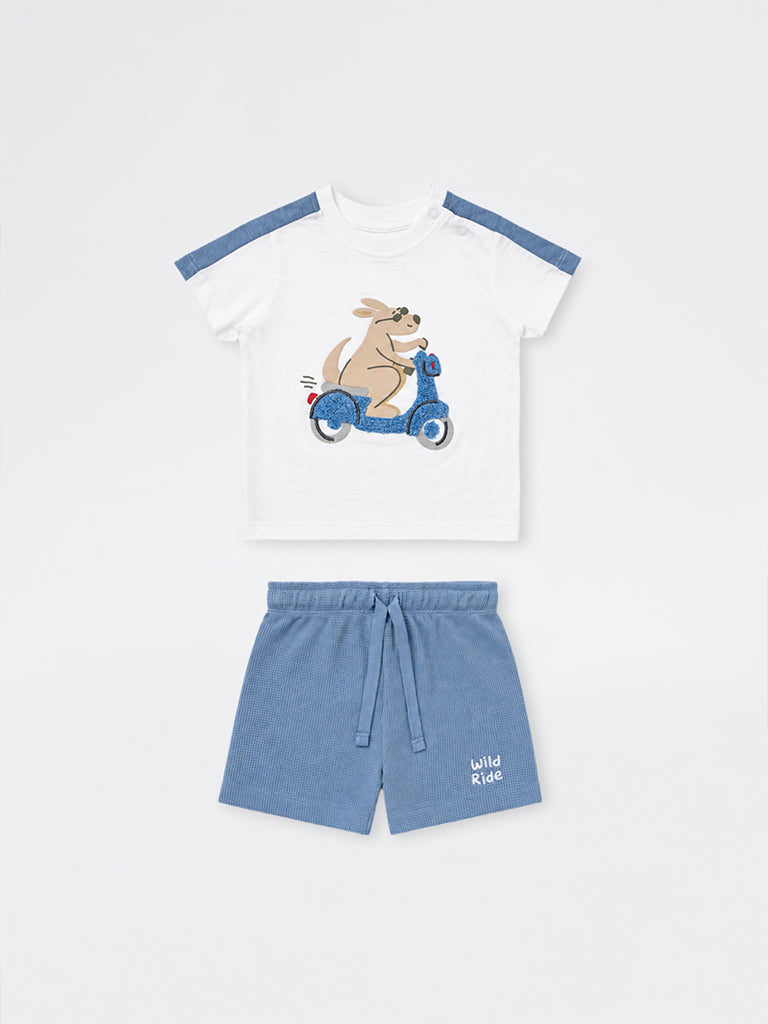 HOP Baby Boys White Graphic Printed Cotton T-Shirt and Shorts Set