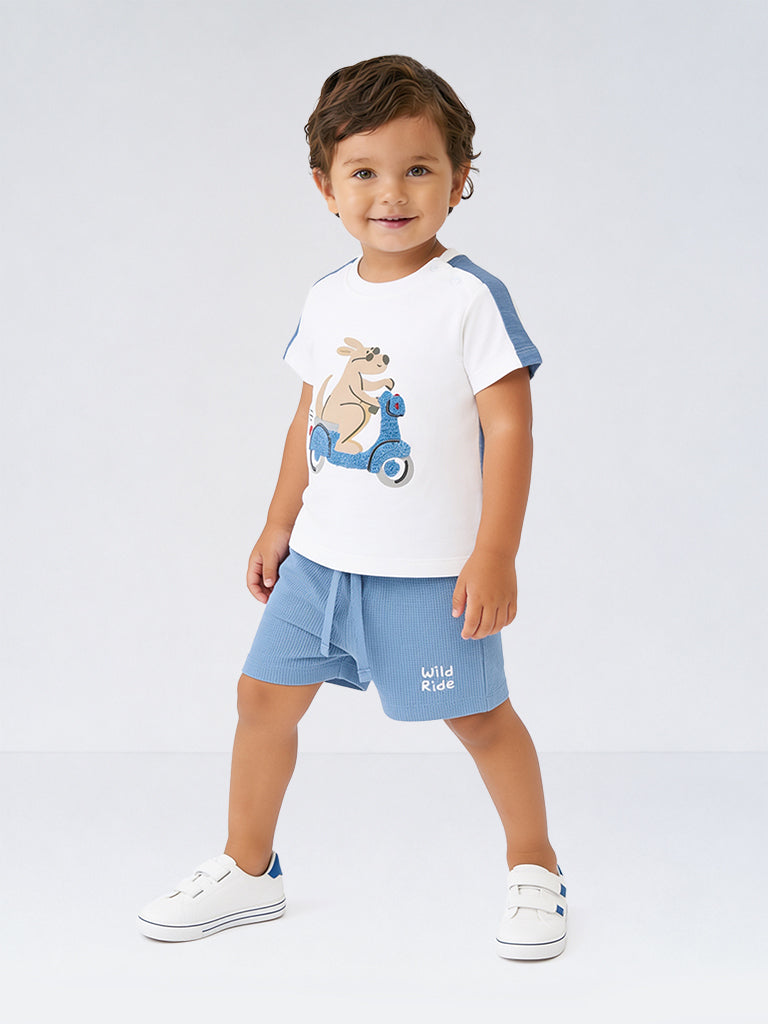 HOP Baby Boys White Graphic Printed Cotton T-Shirt and Shorts Set