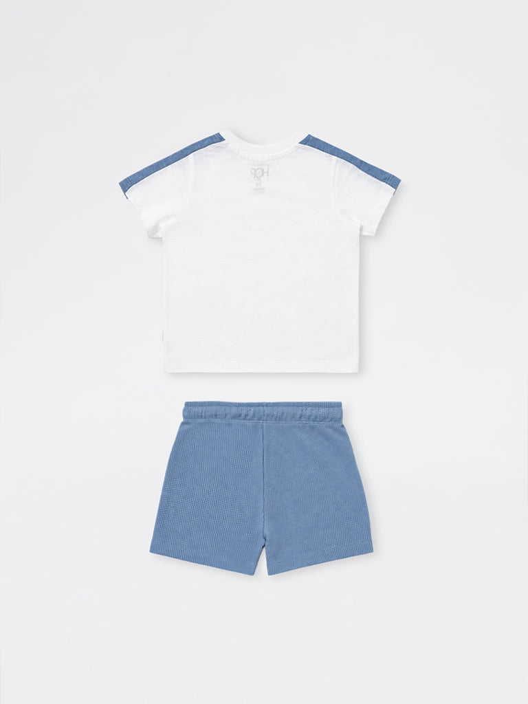 HOP Baby Boys White Graphic Printed Cotton T-Shirt and Shorts Set