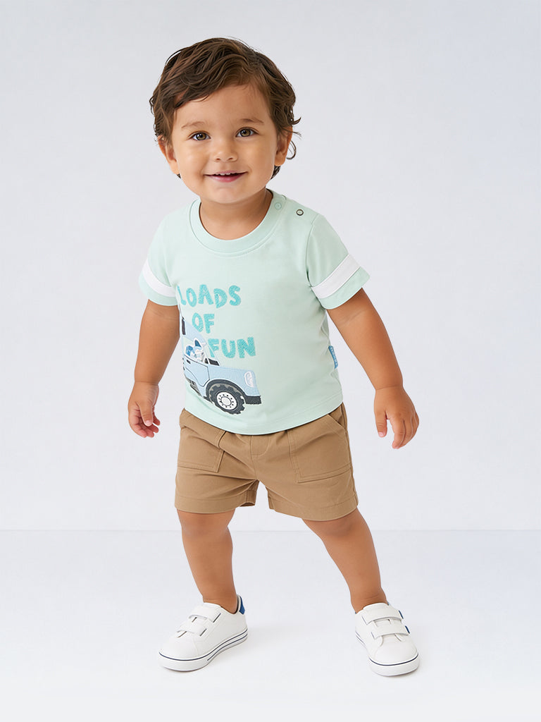 HOP Baby Boys Mint Graphic Printed Cotton T-Shirt and Shorts Set