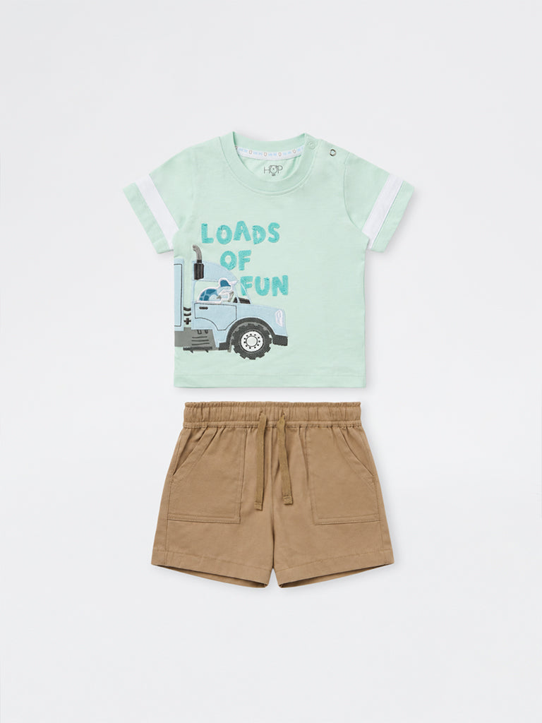 HOP Baby Boys Mint Graphic Printed Cotton T-Shirt and Shorts Set