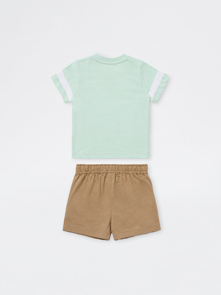 HOP Baby Boys Mint Graphic Printed Cotton T-Shirt and Shorts Set