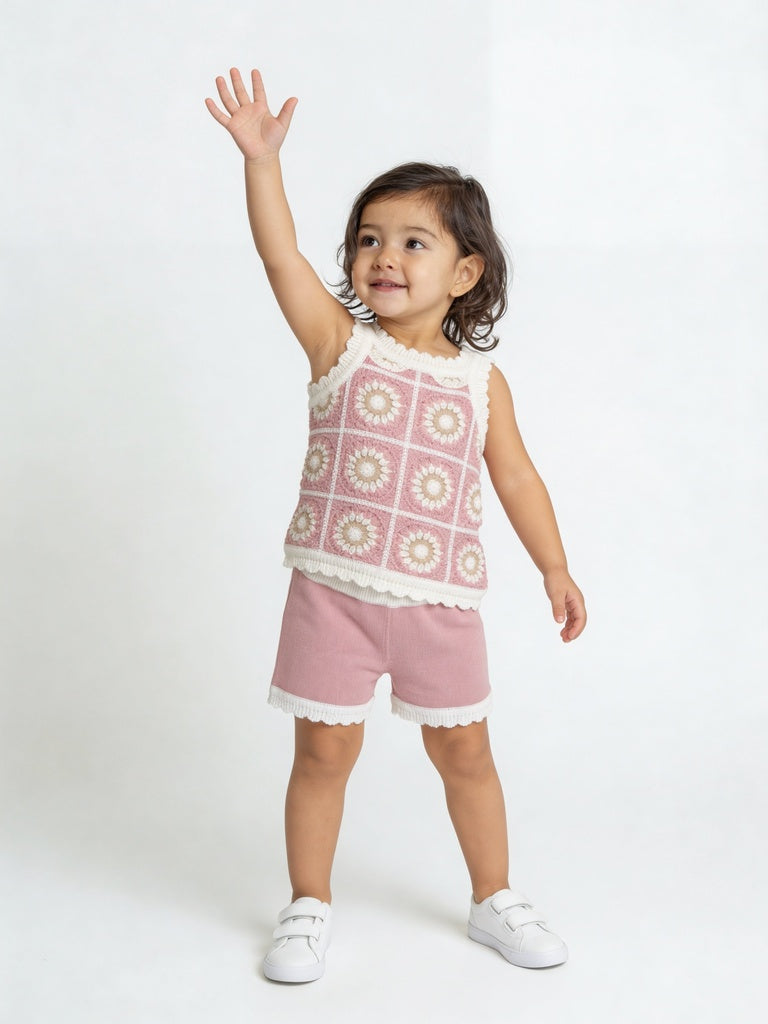 HOP Baby Girls Pink Crochet Pattern Cotton-Blend Top And Shorts Set