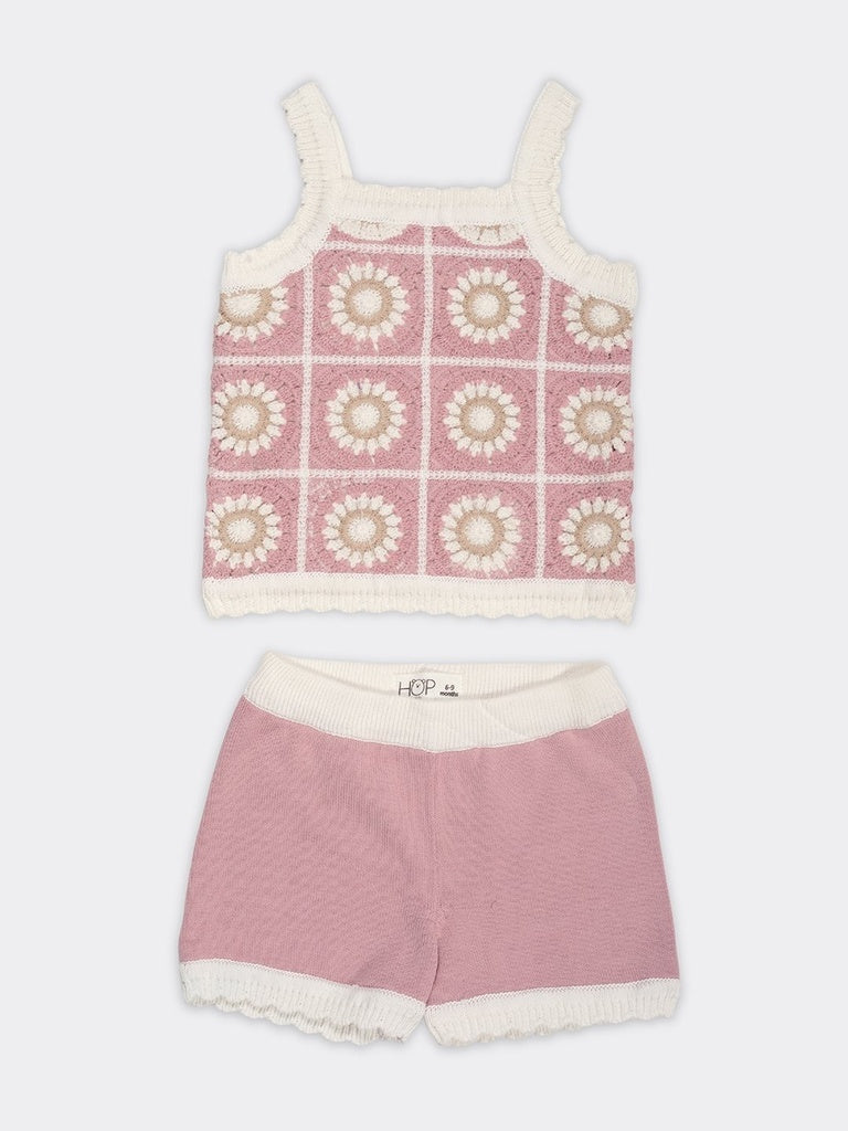 HOP Baby Girls Pink Crochet Pattern Cotton-Blend Top And Shorts Set