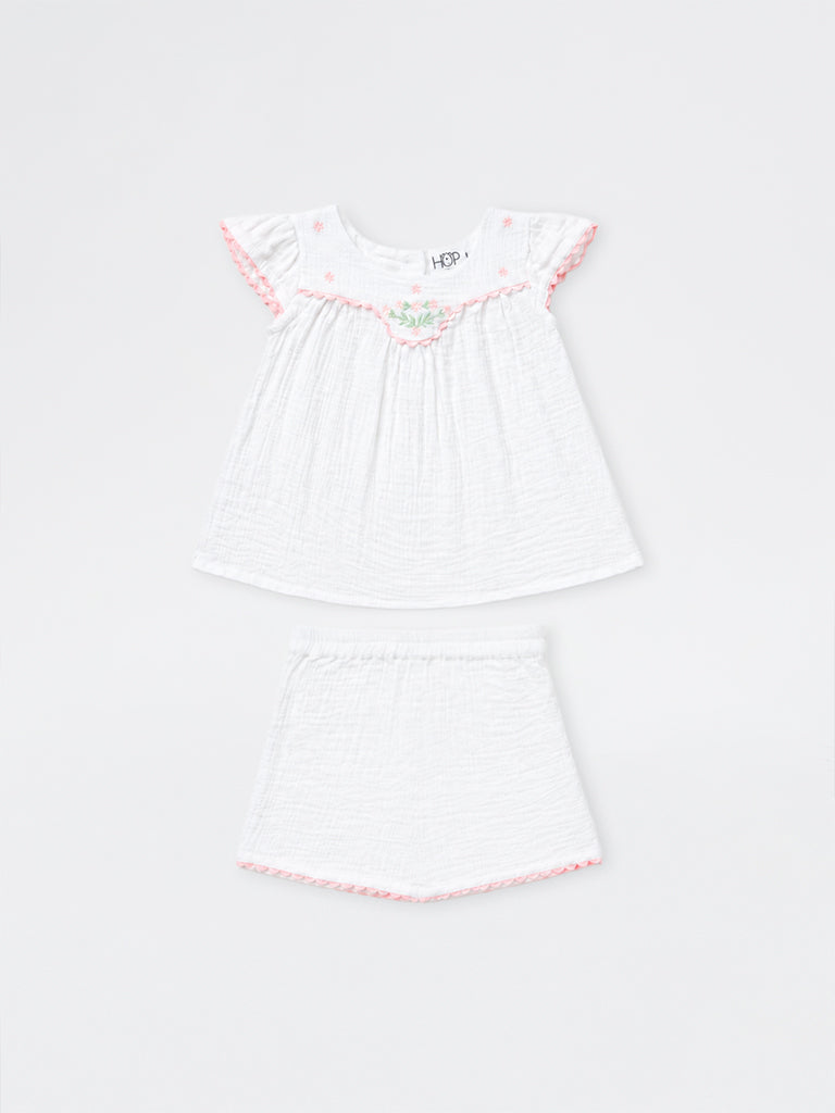 HOP Baby Girls White Floral Cotton Top and Shorts Set