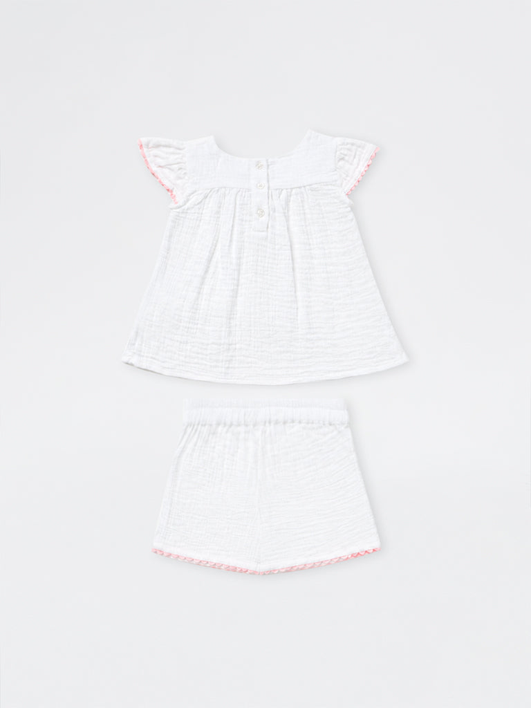 HOP Baby Girls White Floral Cotton Top and Shorts Set