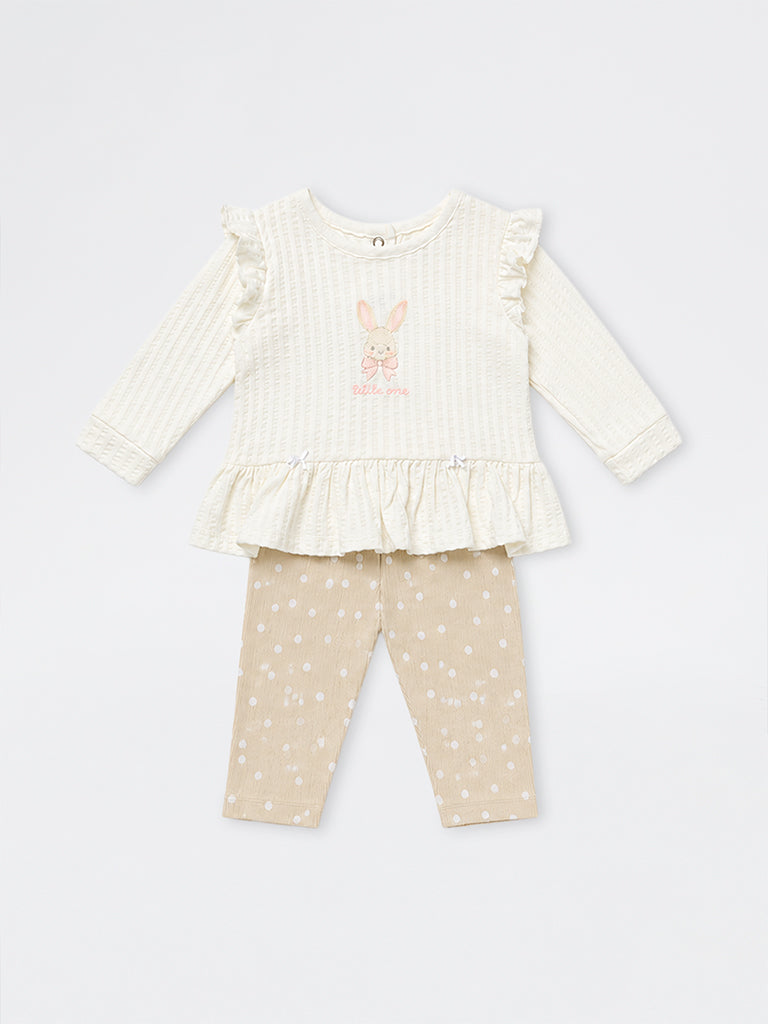 HOP Baby Girls White Printed Cotton-Blend Top and Pants Set