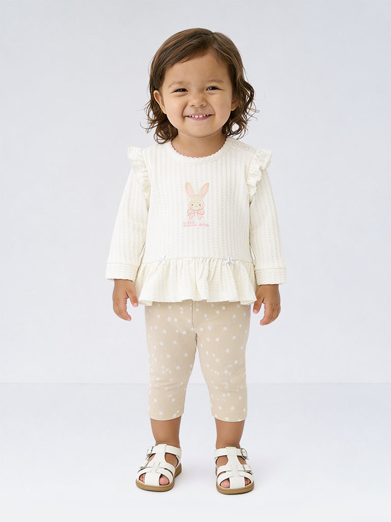 HOP Baby Girls White Printed Cotton-Blend Top and Pants Set