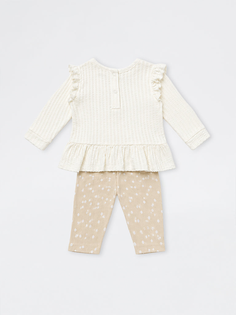 HOP Baby Girls White Printed Cotton-Blend Top and Pants Set