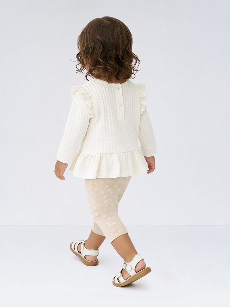 HOP Baby Girls White Printed Cotton-Blend Top and Pants Set