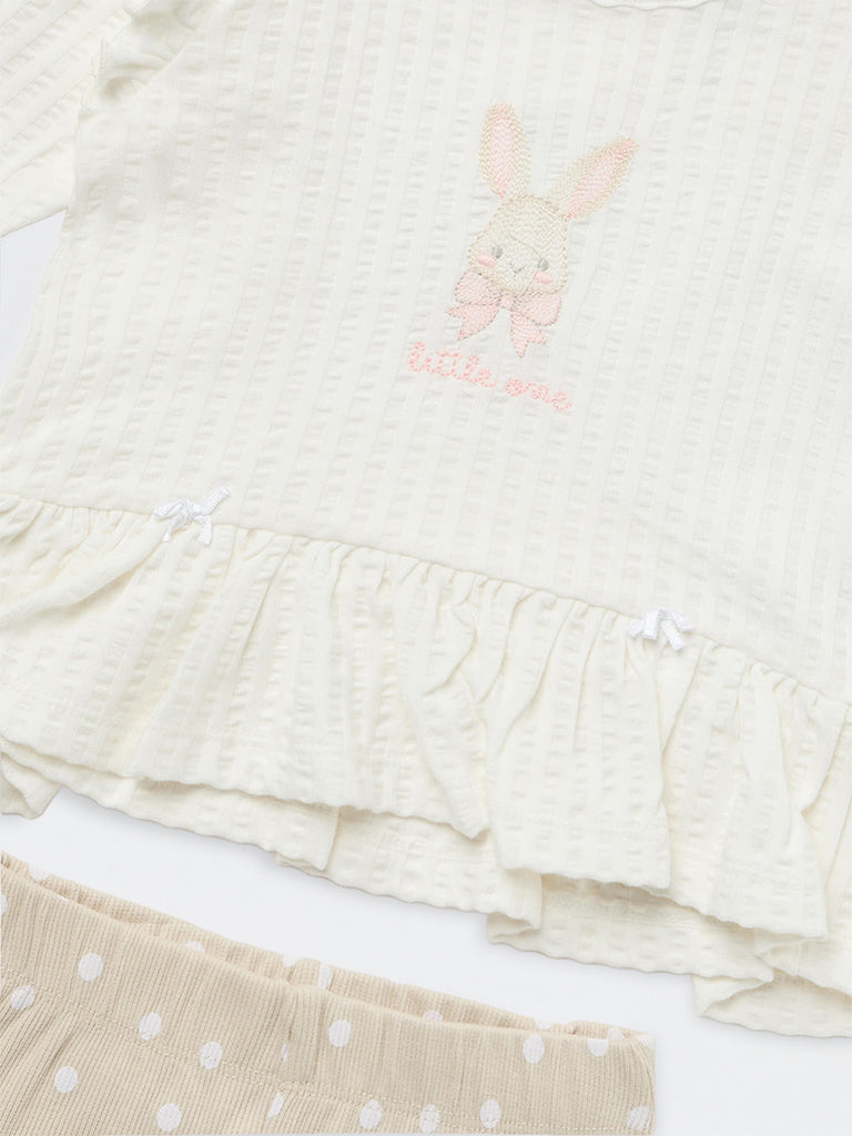 HOP Baby Girls White Printed Cotton-Blend Top and Pants Set