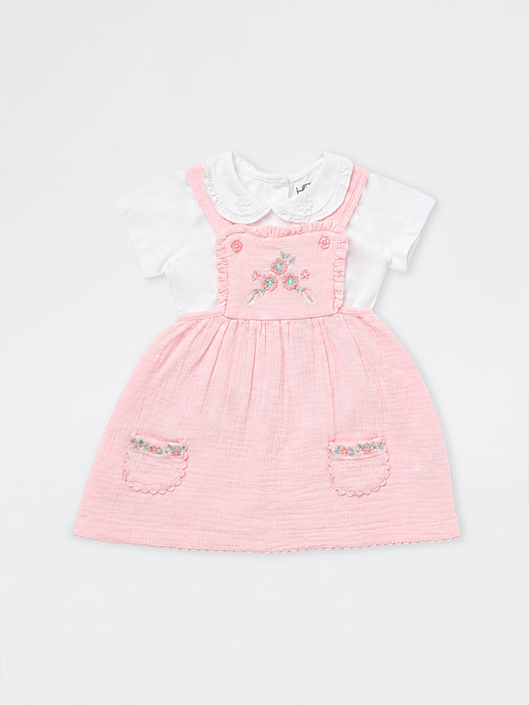 HOP Baby Girls Pink Floral Embroidered Cotton Pinafore and T-Shirt Set