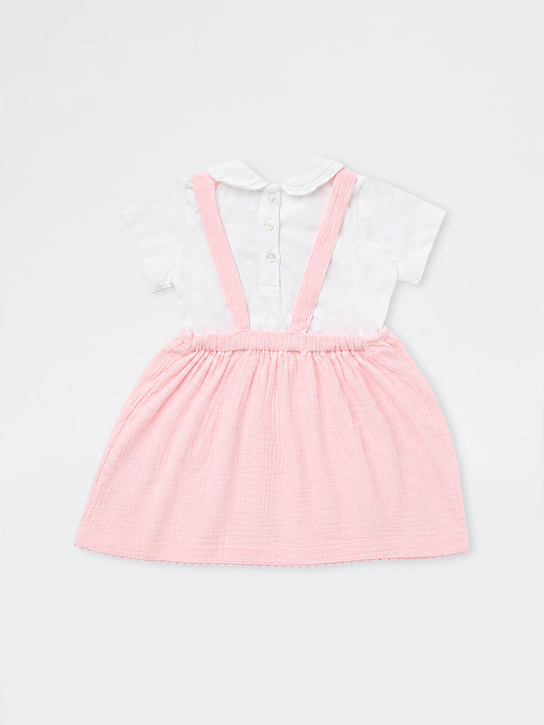 HOP Baby Girls Pink Floral Embroidered Cotton Pinafore and T-Shirt Set
