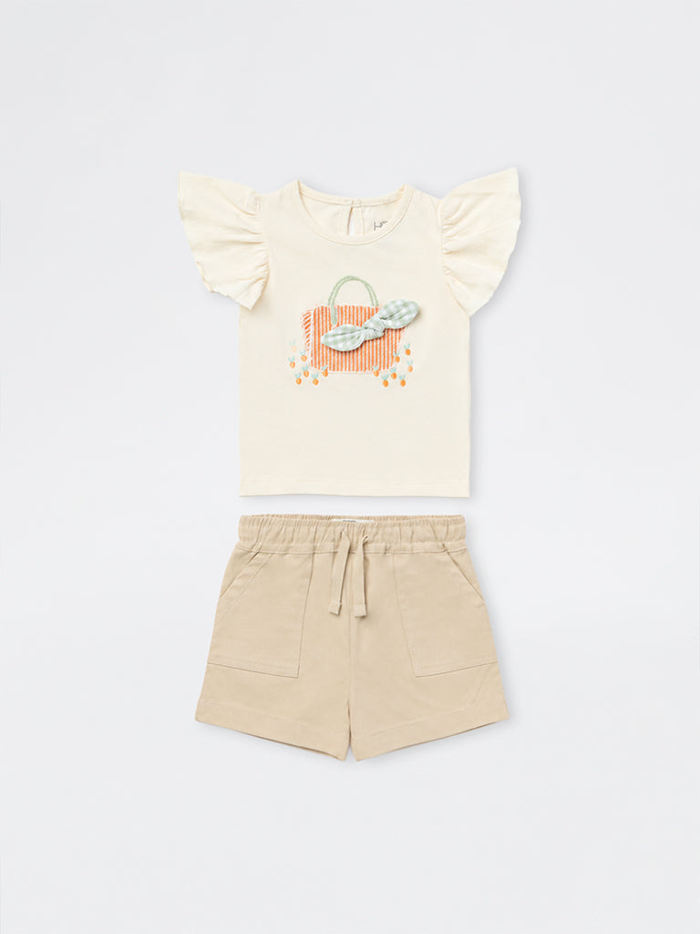 HOP Baby Girls Beige Embroidered Cotton Top and Shorts Set