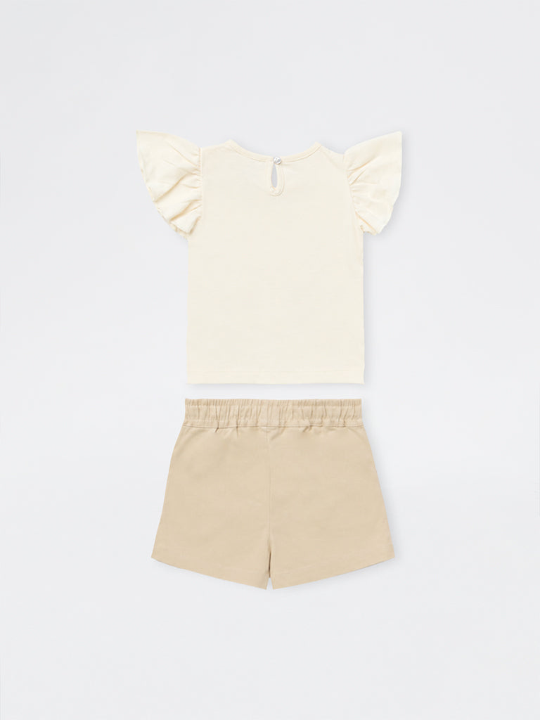 HOP Baby Girls Beige Embroidered Cotton Top and Shorts Set