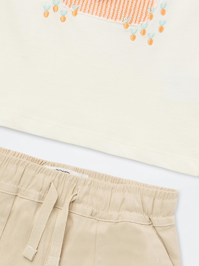 HOP Baby Girls Beige Embroidered Cotton Top and Shorts Set