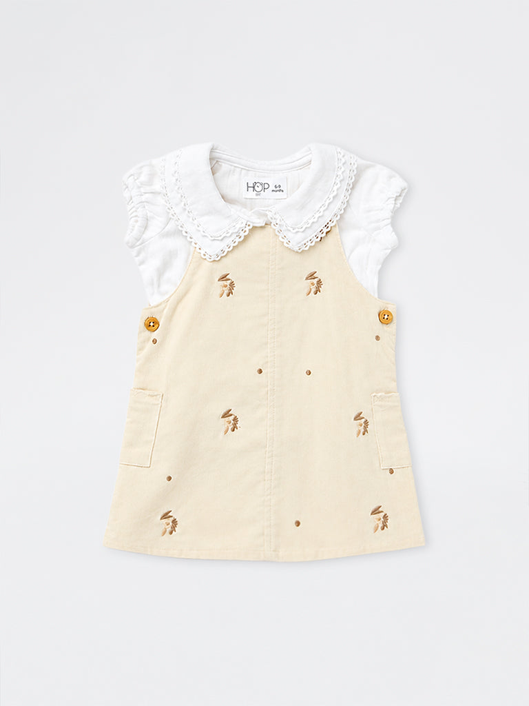 HOP Baby Girls Cream Floral Cotton Pinafore and Top Set