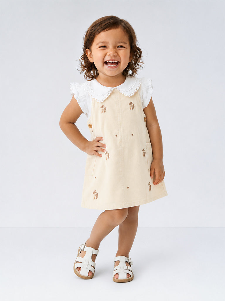 HOP Baby Girls Cream Floral Cotton Pinafore and Top Set