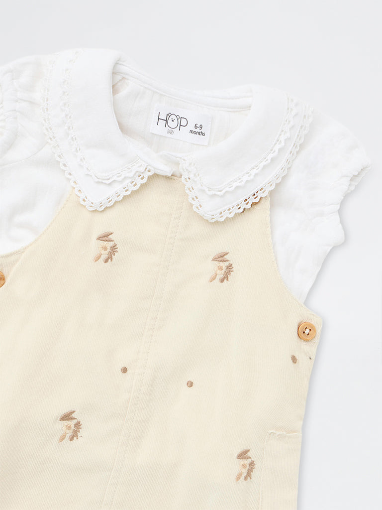 HOP Baby Girls Cream Floral Cotton Pinafore and Top Set