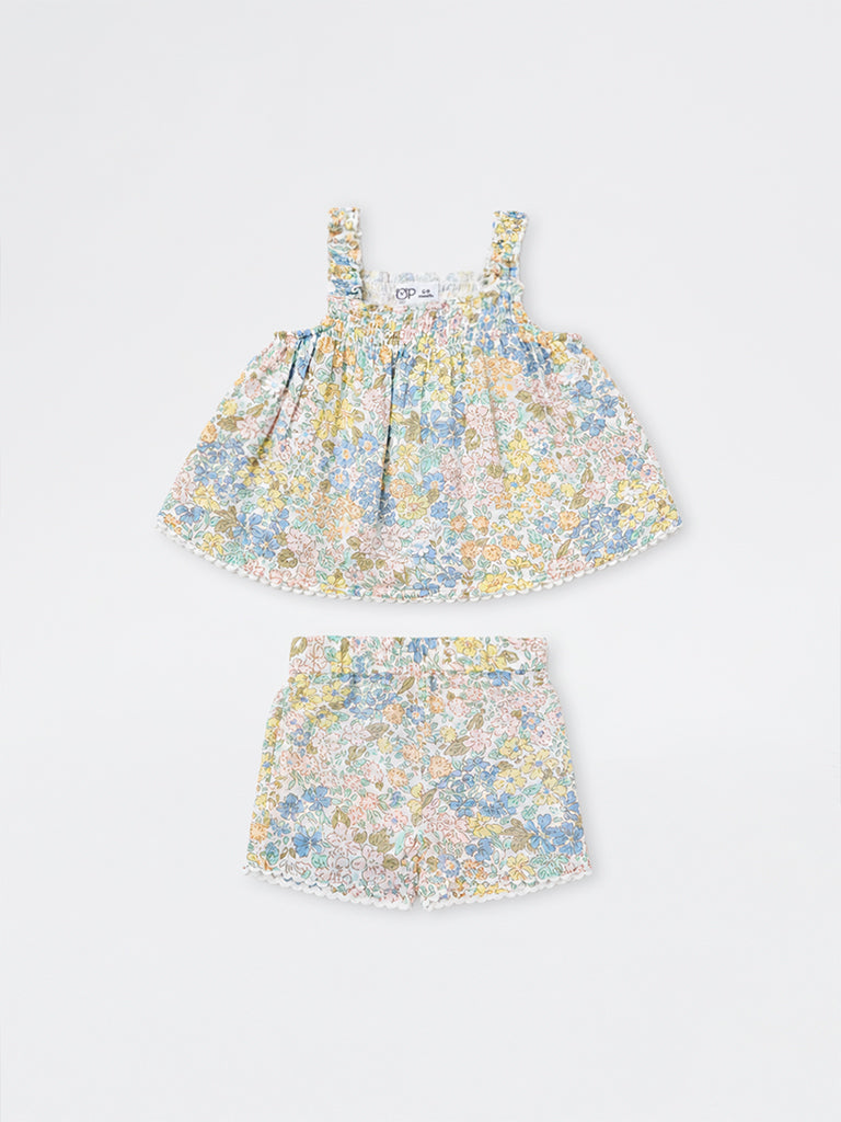 HOP Baby Girls Multicolour Floral Cotton Top and Shorts Set