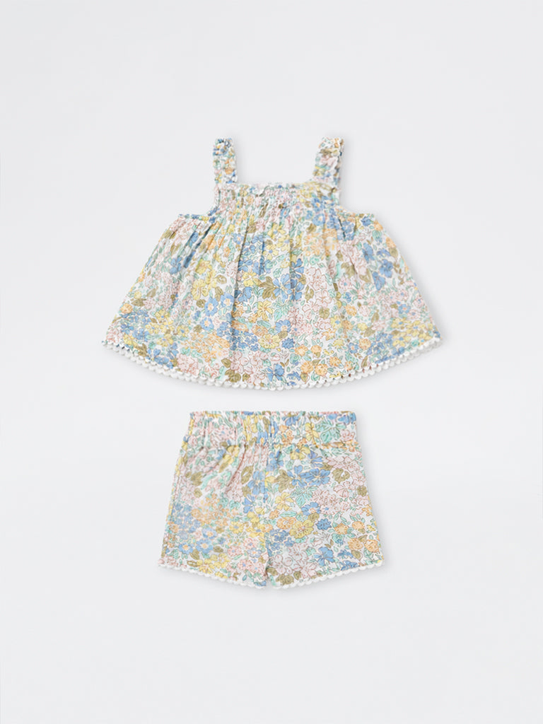 HOP Baby Girls Multicolour Floral Cotton Top and Shorts Set
