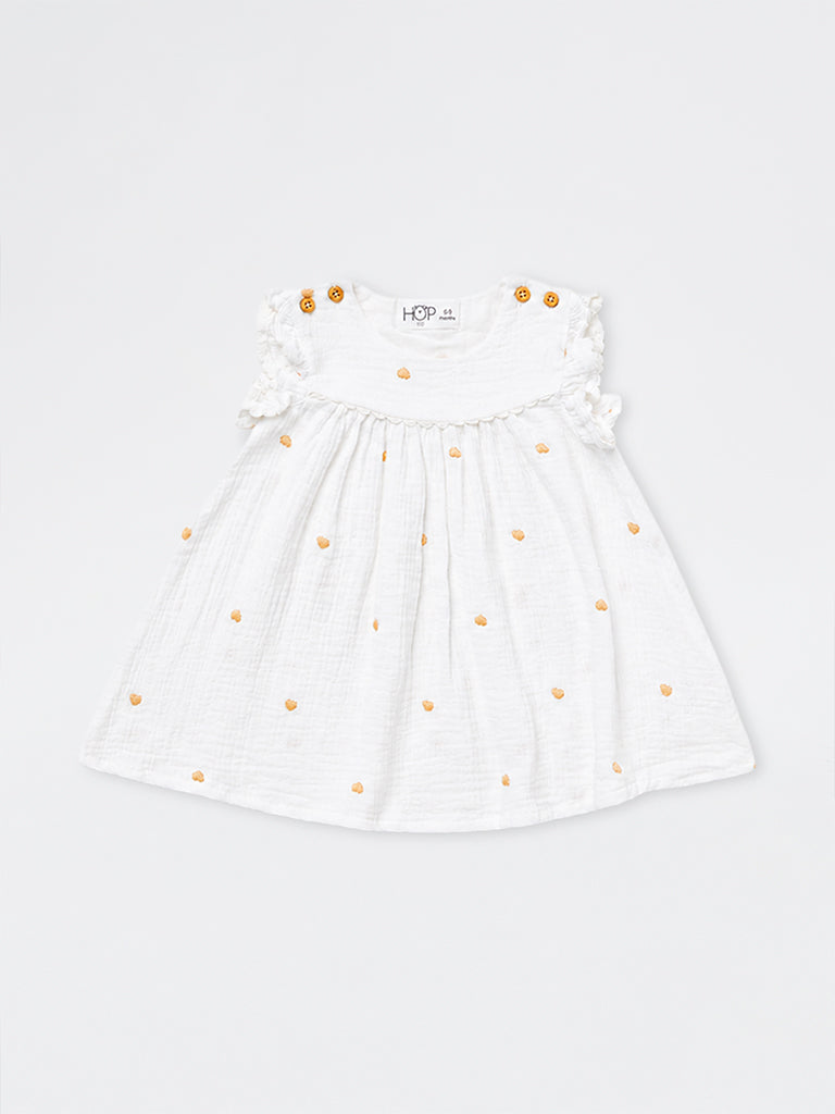HOP Baby Girls White Heart-Embroidered Cotton A-Line Dress