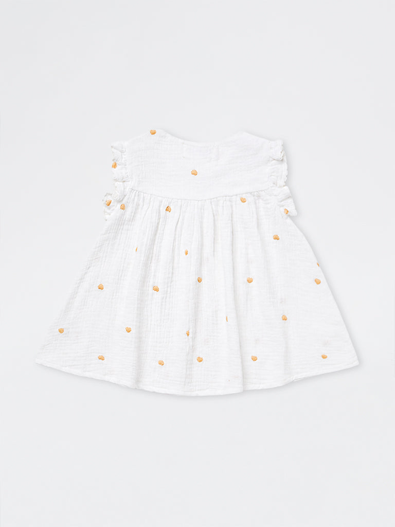HOP Baby Girls White Heart-Embroidered Cotton A-Line Dress