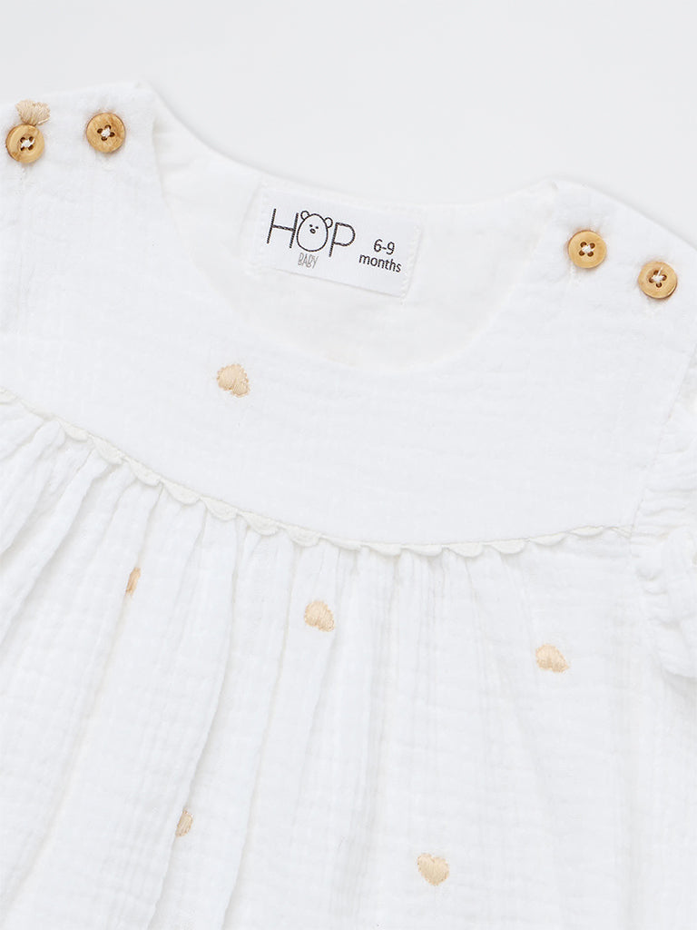 HOP Baby Girls White Heart-Embroidered Cotton A-Line Dress