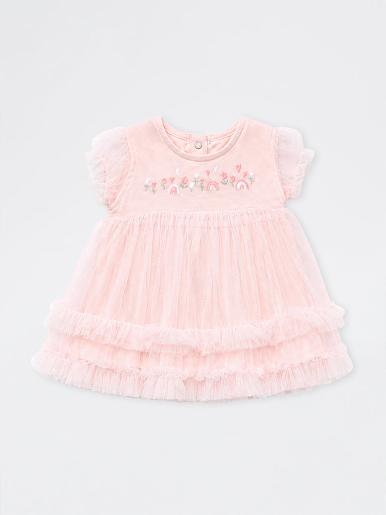 HOP Baby Girls Pink Embroidered Tulle A-Line Dress