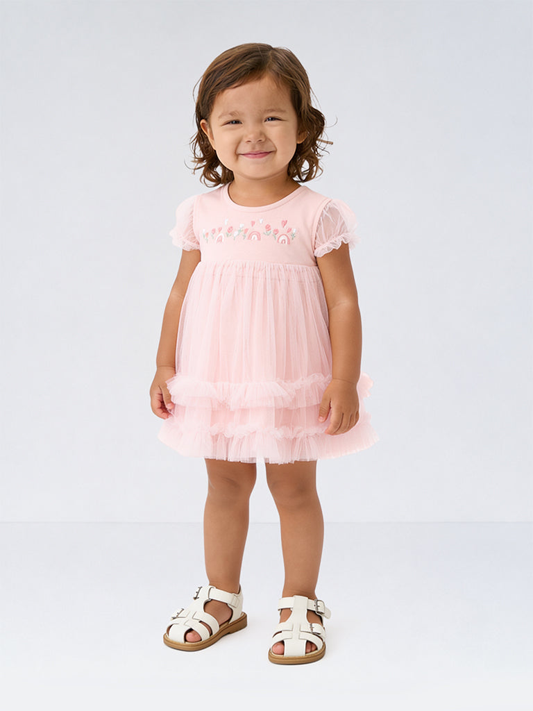 HOP Baby Girls Pink Embroidered Tulle A-Line Dress
