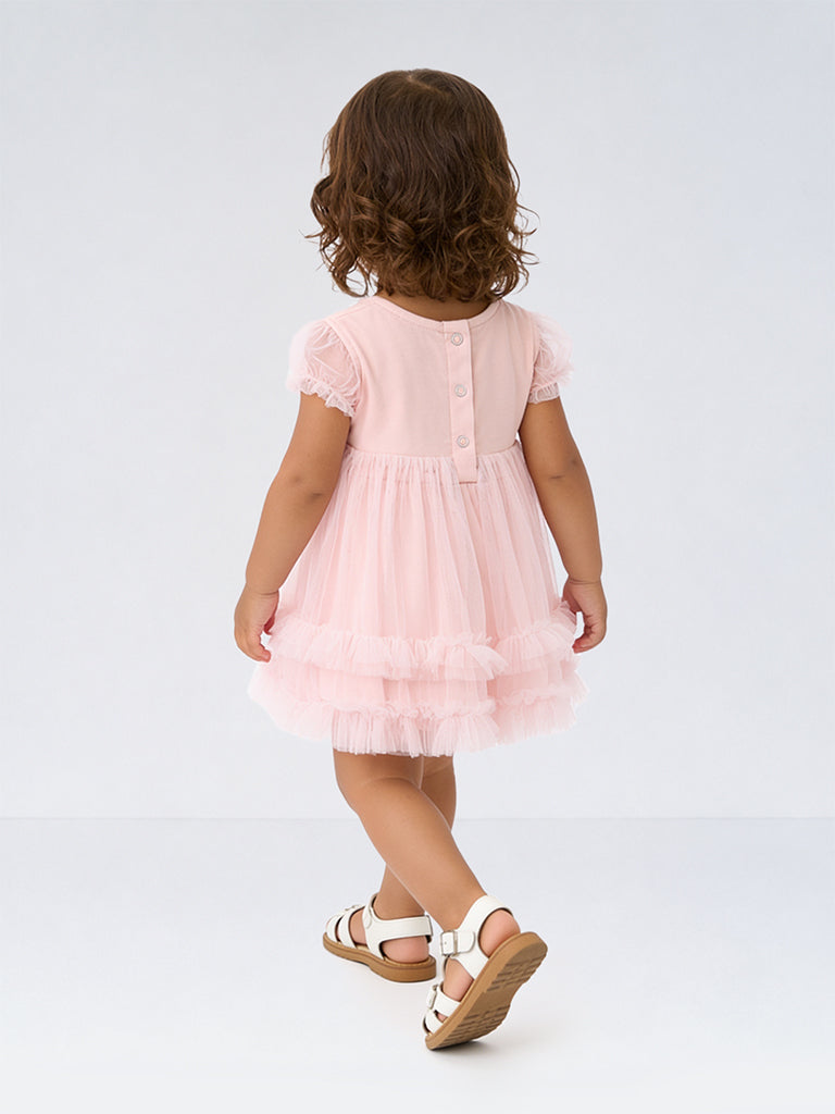 HOP Baby Girls Pink Embroidered Tulle A-Line Dress