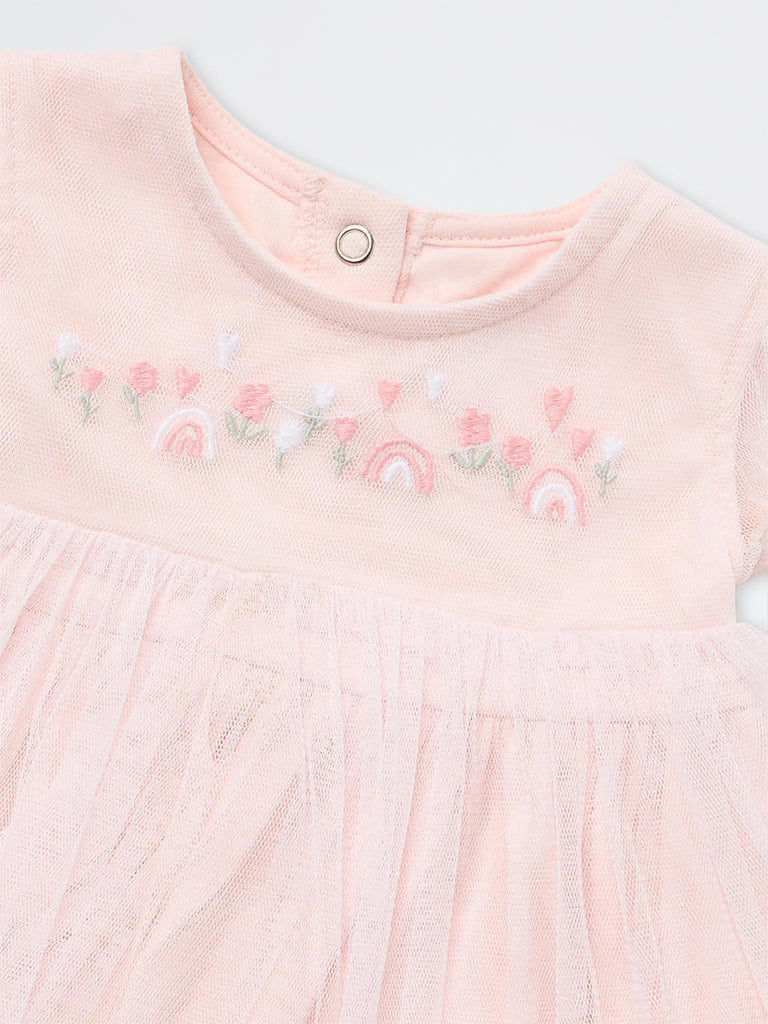 HOP Baby Girls Pink Embroidered Tulle A-Line Dress