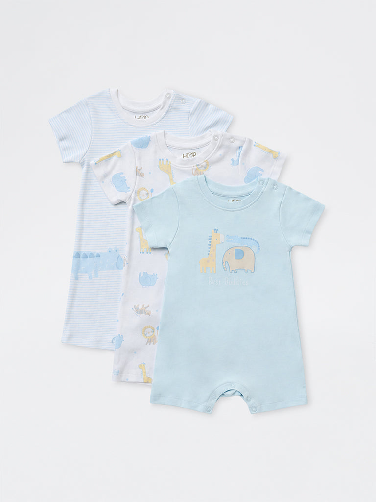 HOP Baby Boys Light Blue Animal Printed Cotton Rompers - Pack of 3