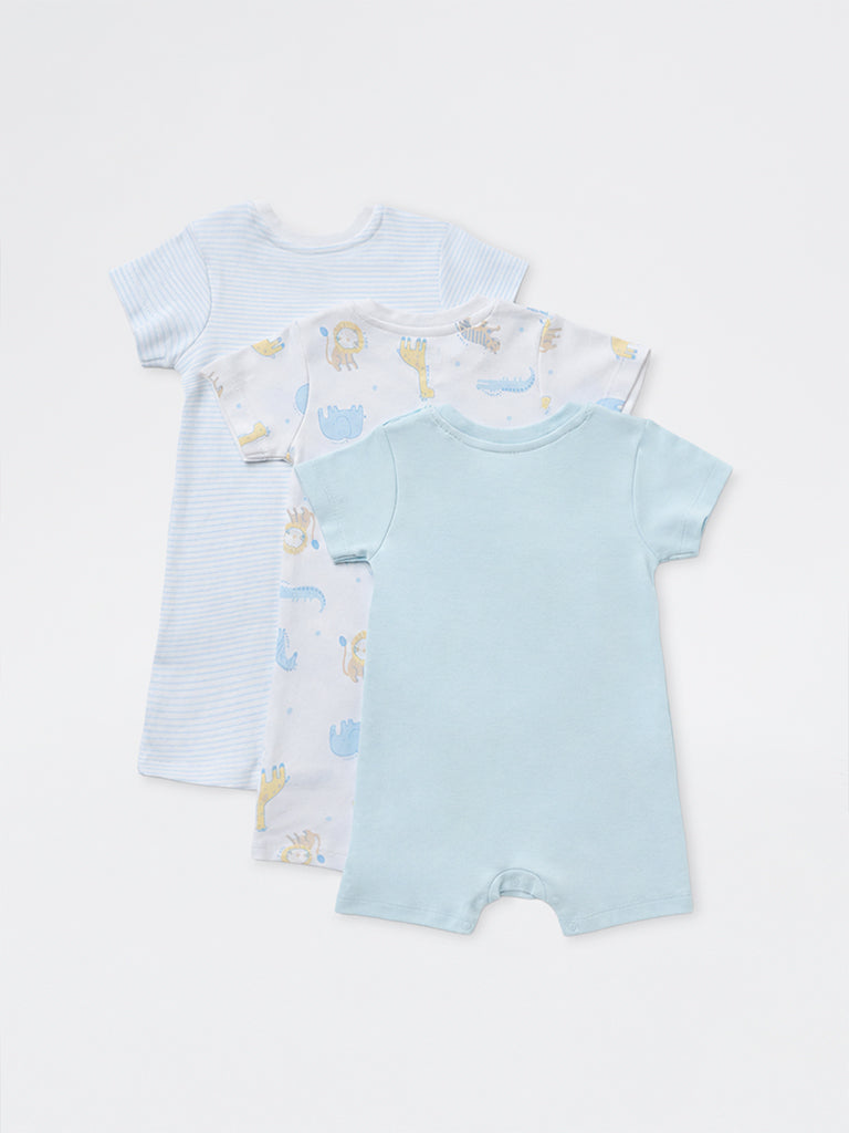 HOP Baby Boys Light Blue Animal Printed Cotton Rompers - Pack of 3