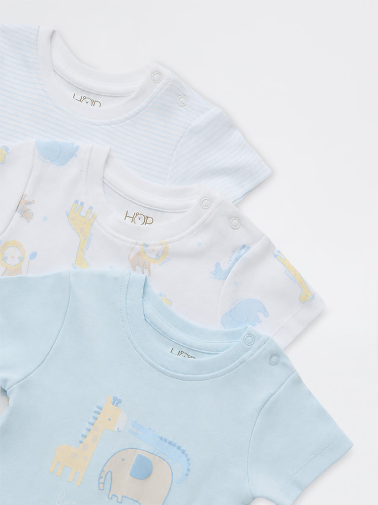 HOP Baby Boys Light Blue Animal Printed Cotton Rompers - Pack of 3