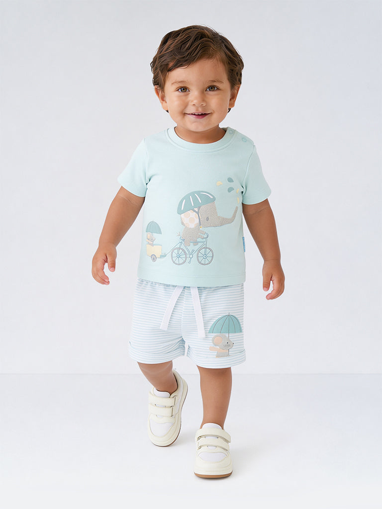 HOP Baby Boys Blue Printed Cotton T-Shirts - Pack of 3