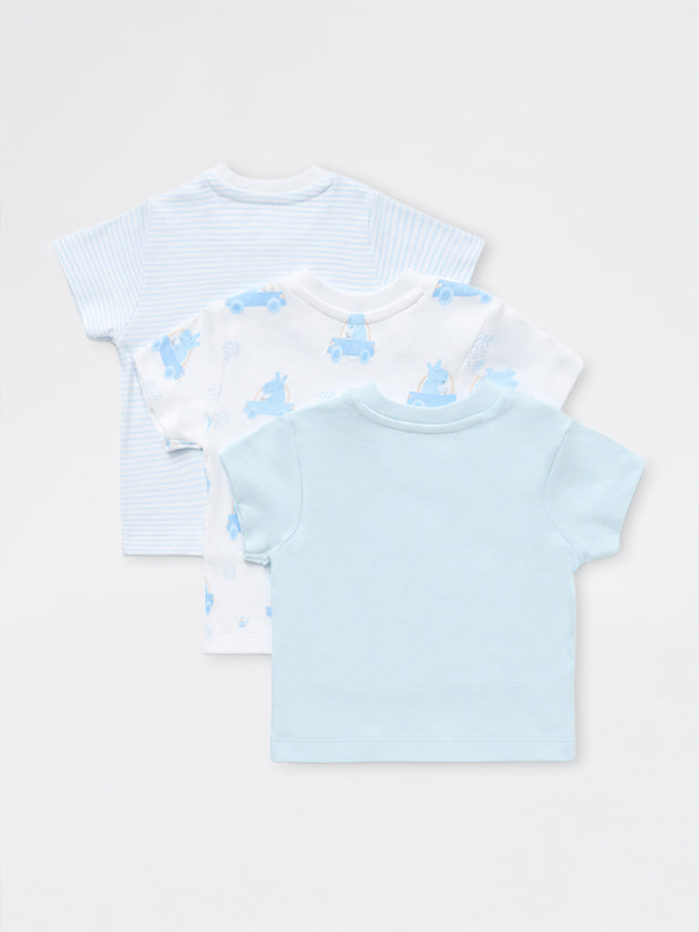 HOP Baby Boys Blue Printed Cotton T-Shirts - Pack of 3