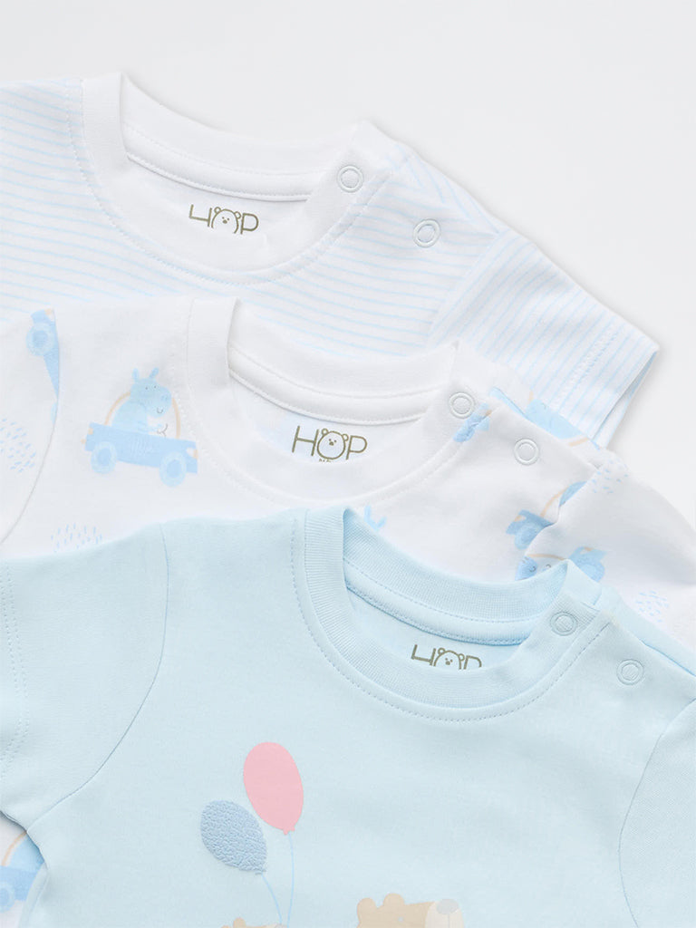 HOP Baby Boys Blue Printed Cotton T-Shirts - Pack of 3