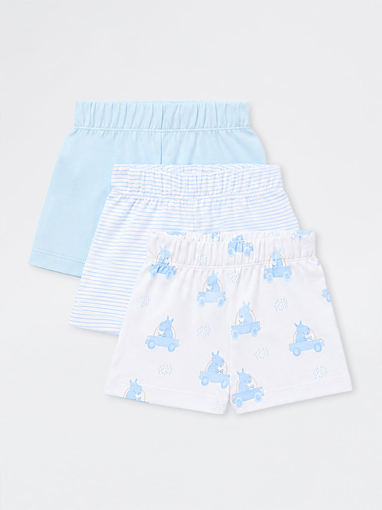 HOP Baby Boys Blue Printed Mid-Rise Cotton Shorts - Pack of 3